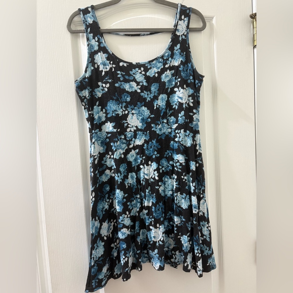 Black Sleeveless Mini Dress with Blue Floral Print